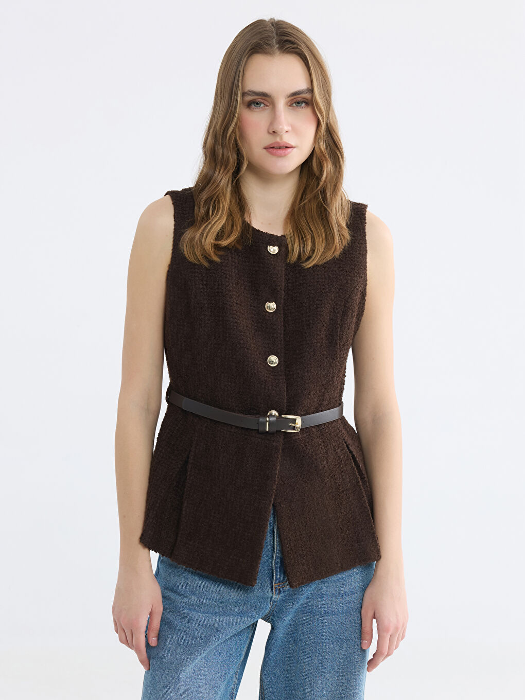 Kahverengi Kemerli Kadın Tüvit Yelek