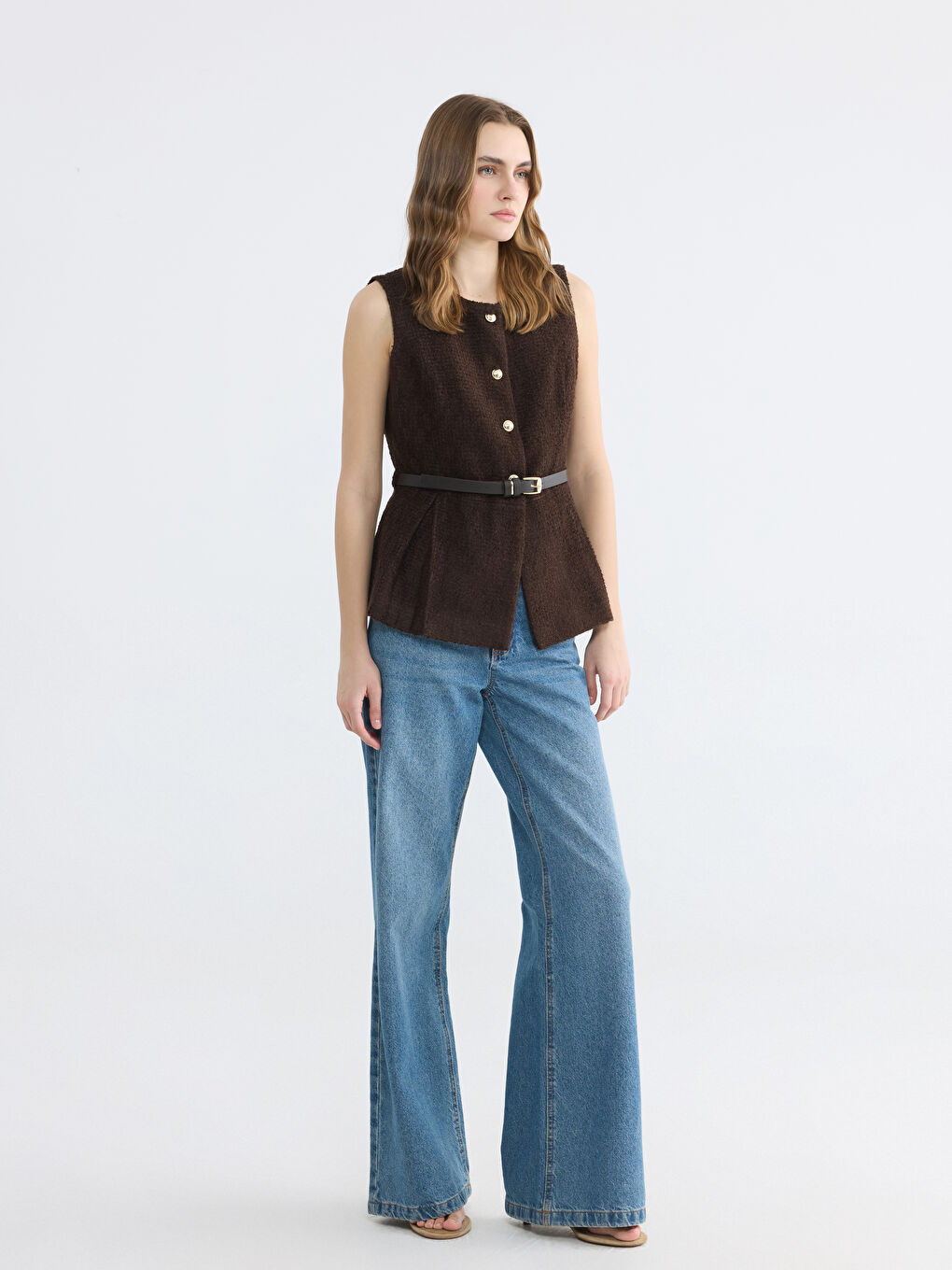 Kahverengi Kemerli Kadın Tüvit Yelek-1