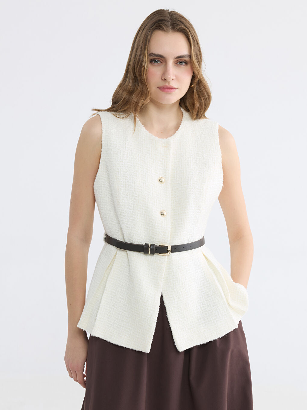 Ekru Kemerli Kadın Tüvit Yelek