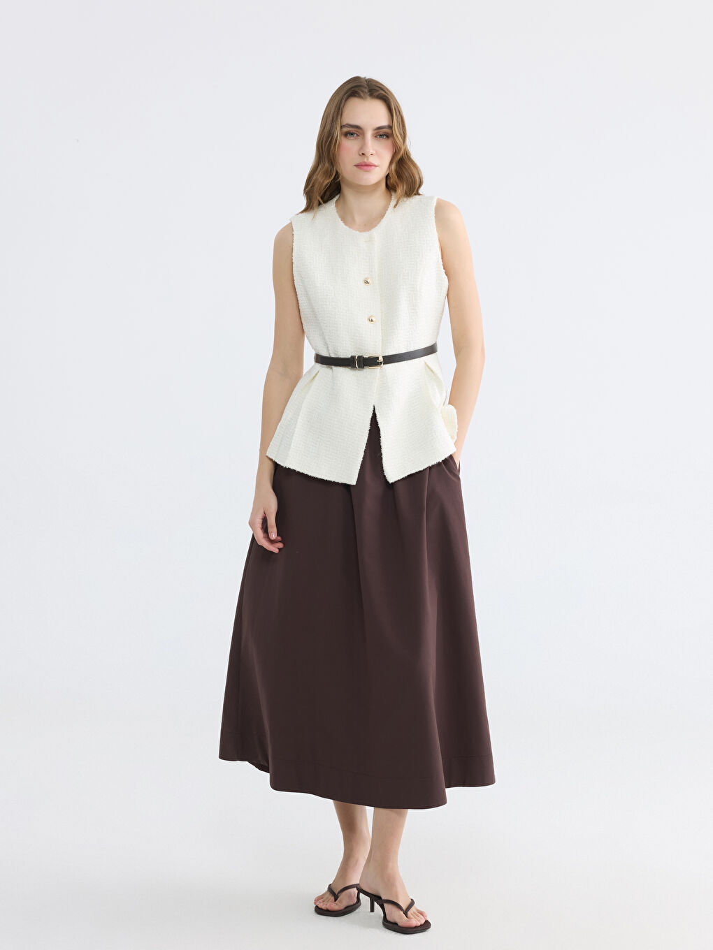 Ekru Kemerli Kadın Tüvit Yelek-1