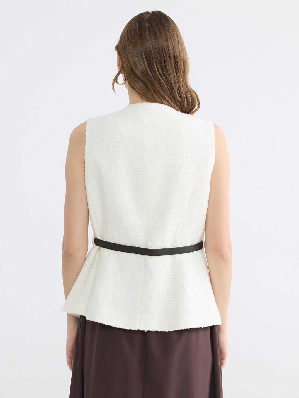 Ekru Kemerli Kadın Tüvit Yelek-3