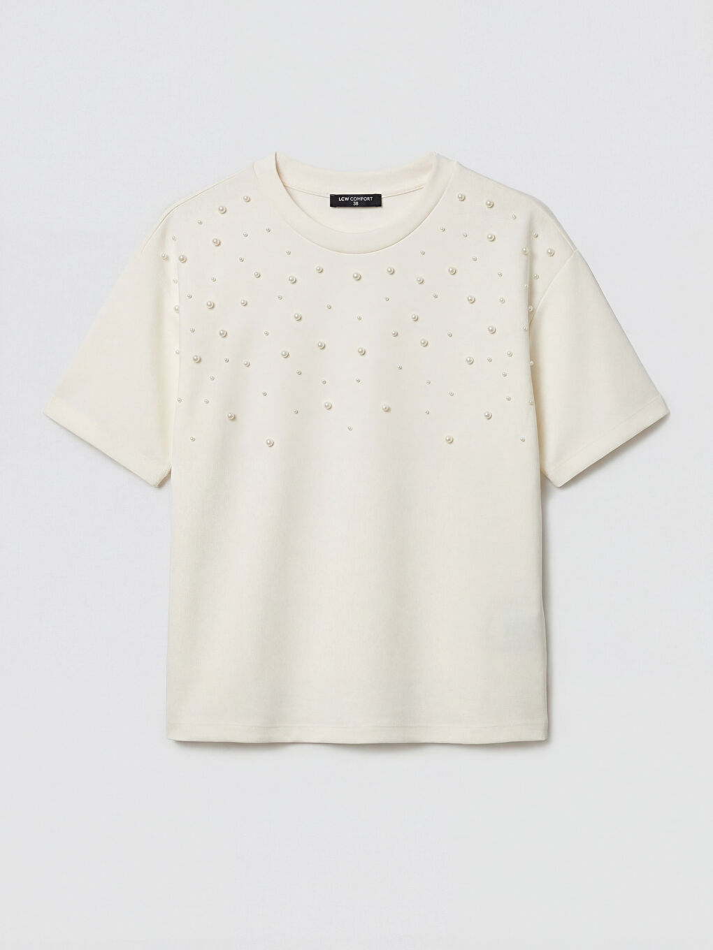 Ekru Boncuk İşlemeli Soft Touch Kadın Tişört