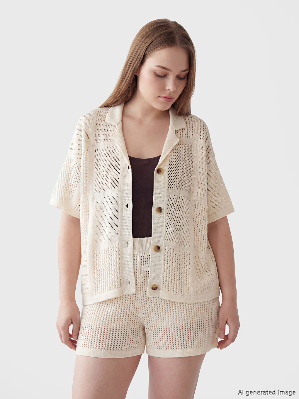 Bej Ajurlu Kadın Gömlek-1