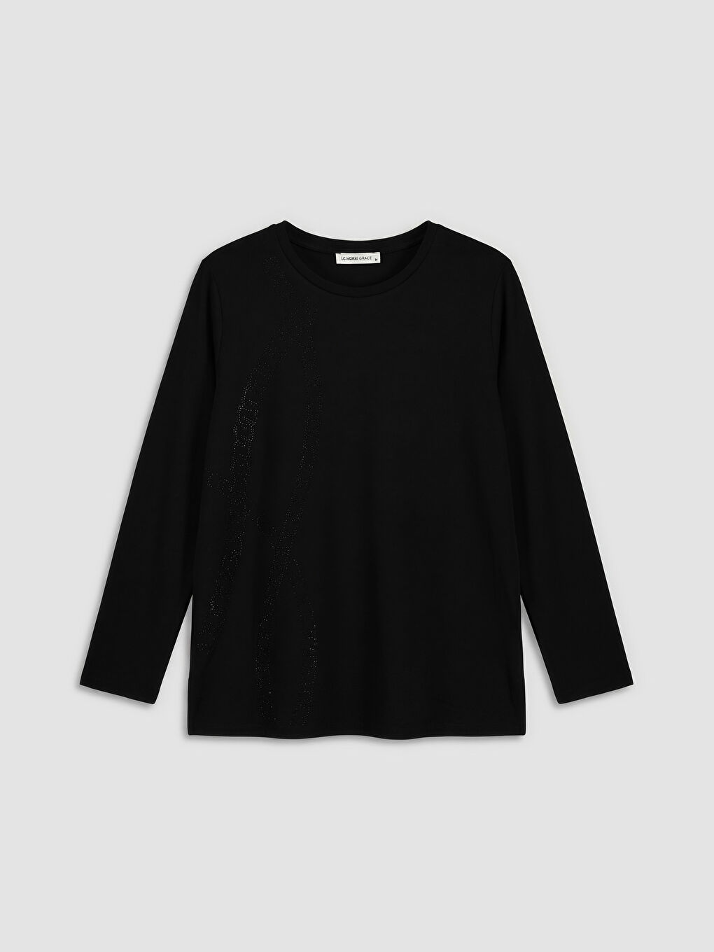 Siyah Bisiklet Yaka Taşlı Baskılı Kadın Tişört