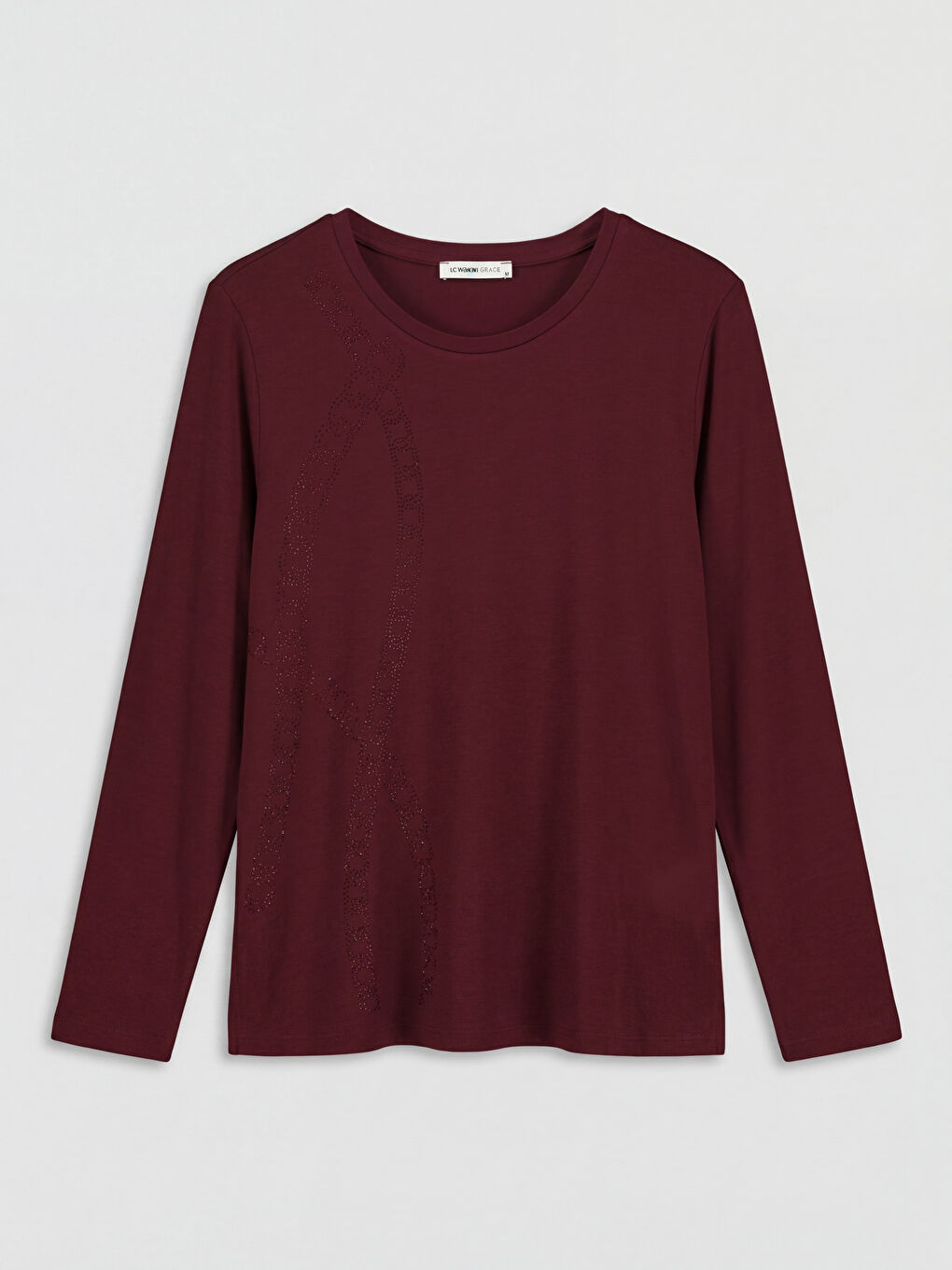 Bordo Bisiklet Yaka Taşlı Baskılı Kadın Tişört