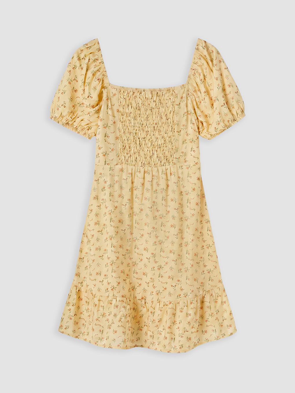 Sarı Kare Yaka Çiçekli Mini Elbise-1