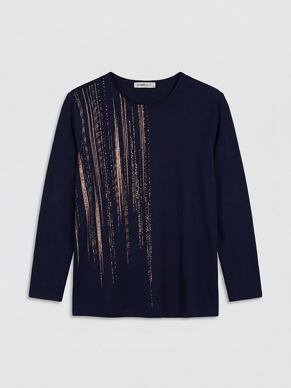 Lacivert Bisiklet Yaka Desenli Kadın Tişört