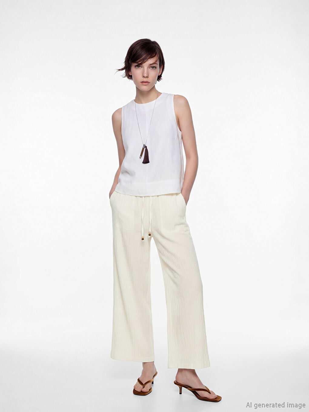 Beyaz Beli Lastikli Dokulu Müslin Kadın Pantolon