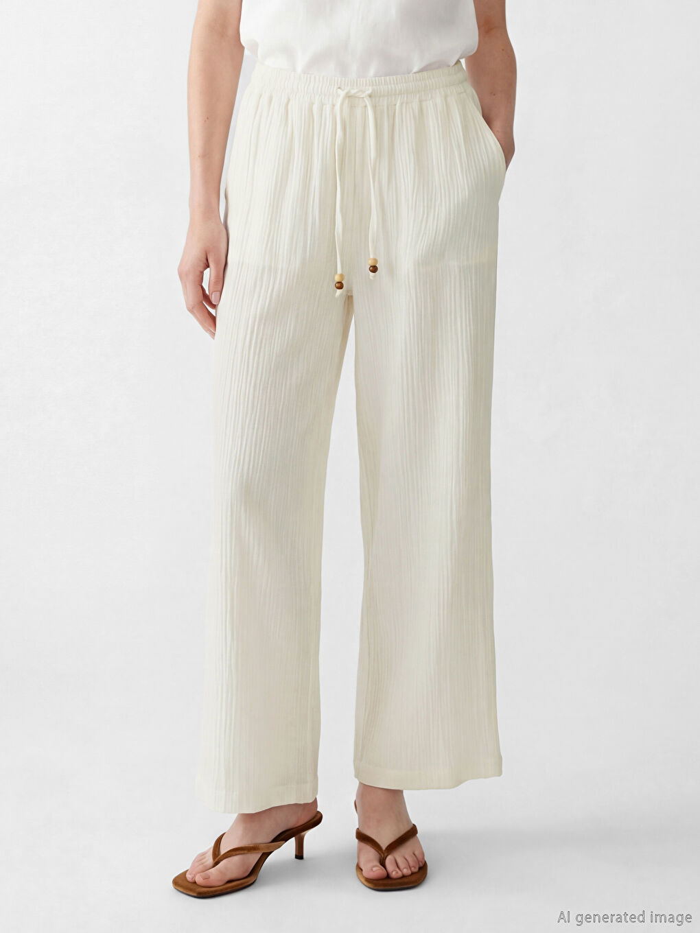 Beyaz Beli Lastikli Dokulu Müslin Kadın Pantolon-1