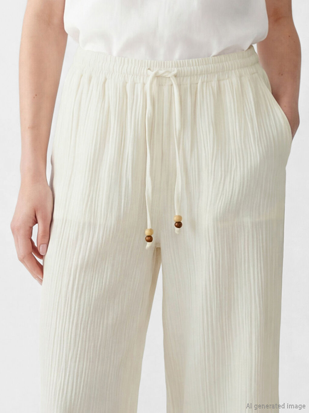 Beyaz Beli Lastikli Dokulu Müslin Kadın Pantolon-2
