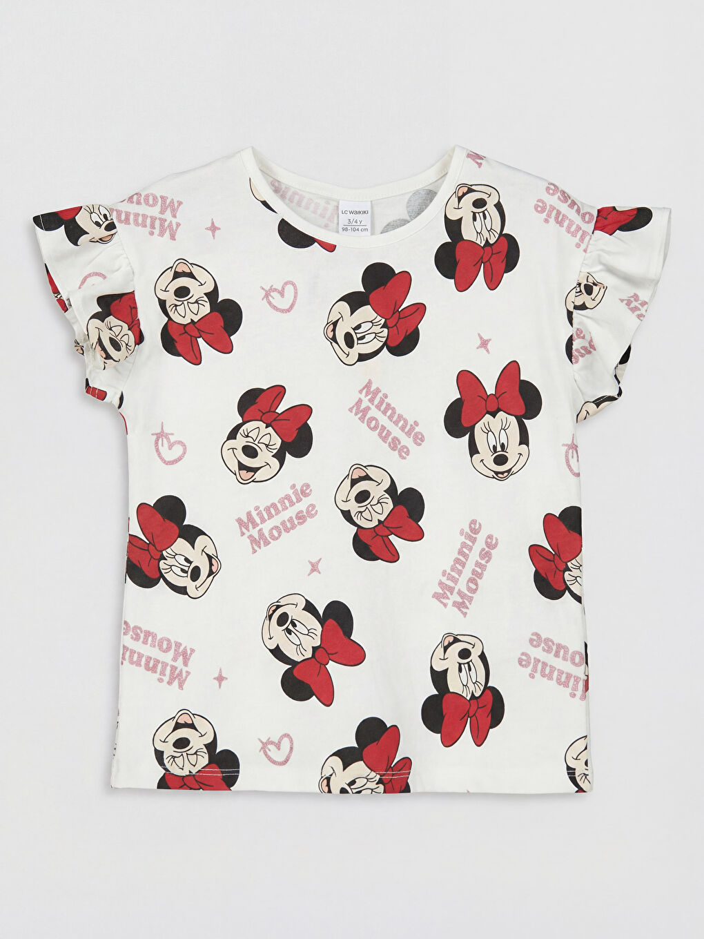 Ekru Minnie Mouse Baskılı Kız Çocuk Fırfırlı Tişört