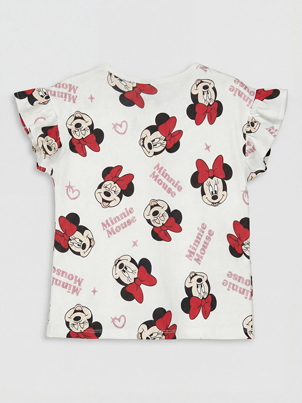Ekru Minnie Mouse Baskılı Kız Çocuk Fırfırlı Tişört-1