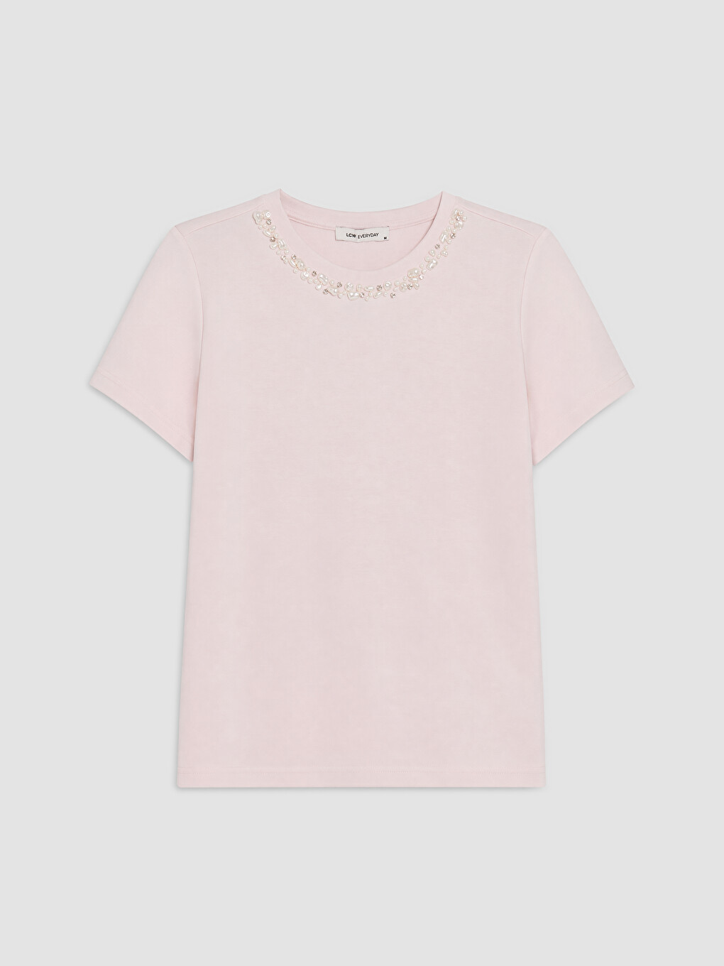Pembe Bisiklet Yaka Taşlı Soft Touch Kadın Tişört
