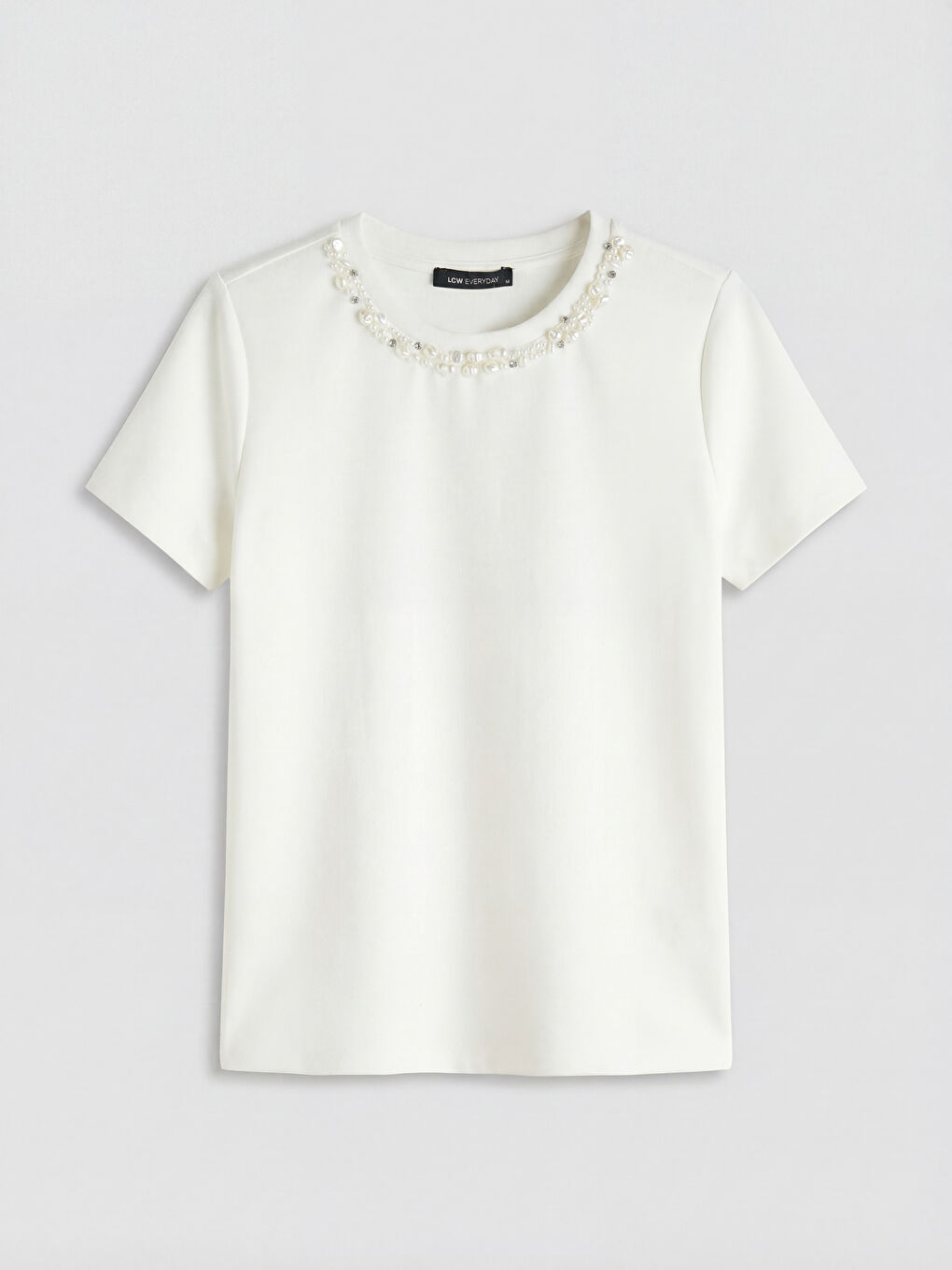 Ekru Bisiklet Yaka Taşlı Soft Touch Kadın Tişört