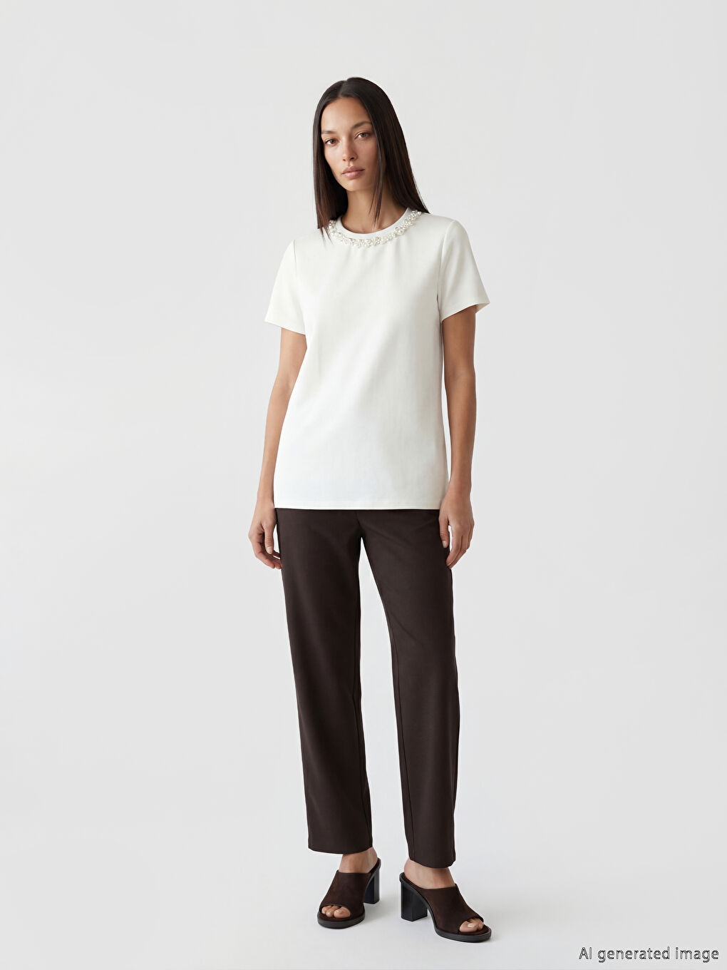 Beyaz Bisiklet Yaka Taşlı Soft Touch Kadın Tişört-1