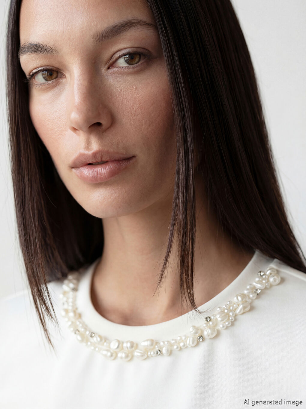 Beyaz Bisiklet Yaka Taşlı Soft Touch Kadın Tişört-2