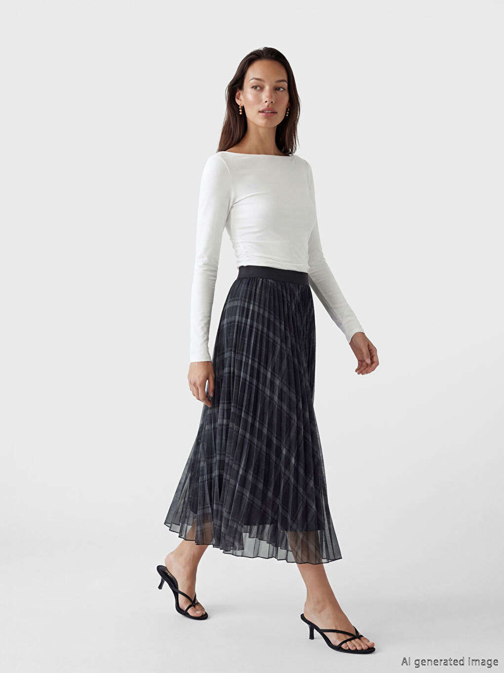 Lacivert Beli Lastikli Ekose Pileli Etek