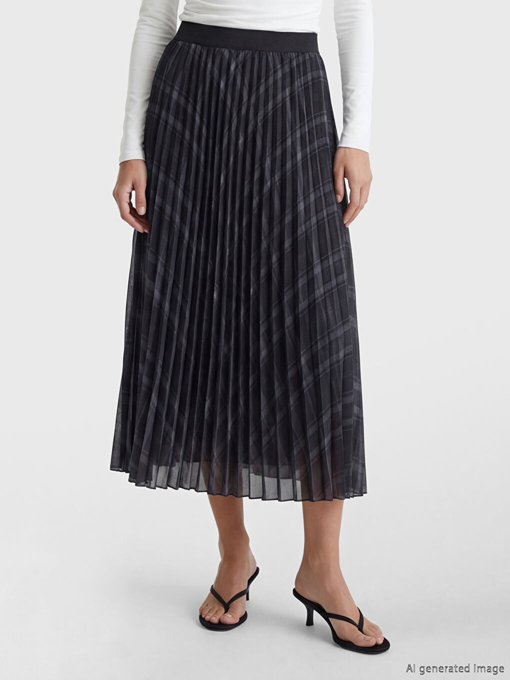 Lacivert Beli Lastikli Ekose Pileli Etek-1