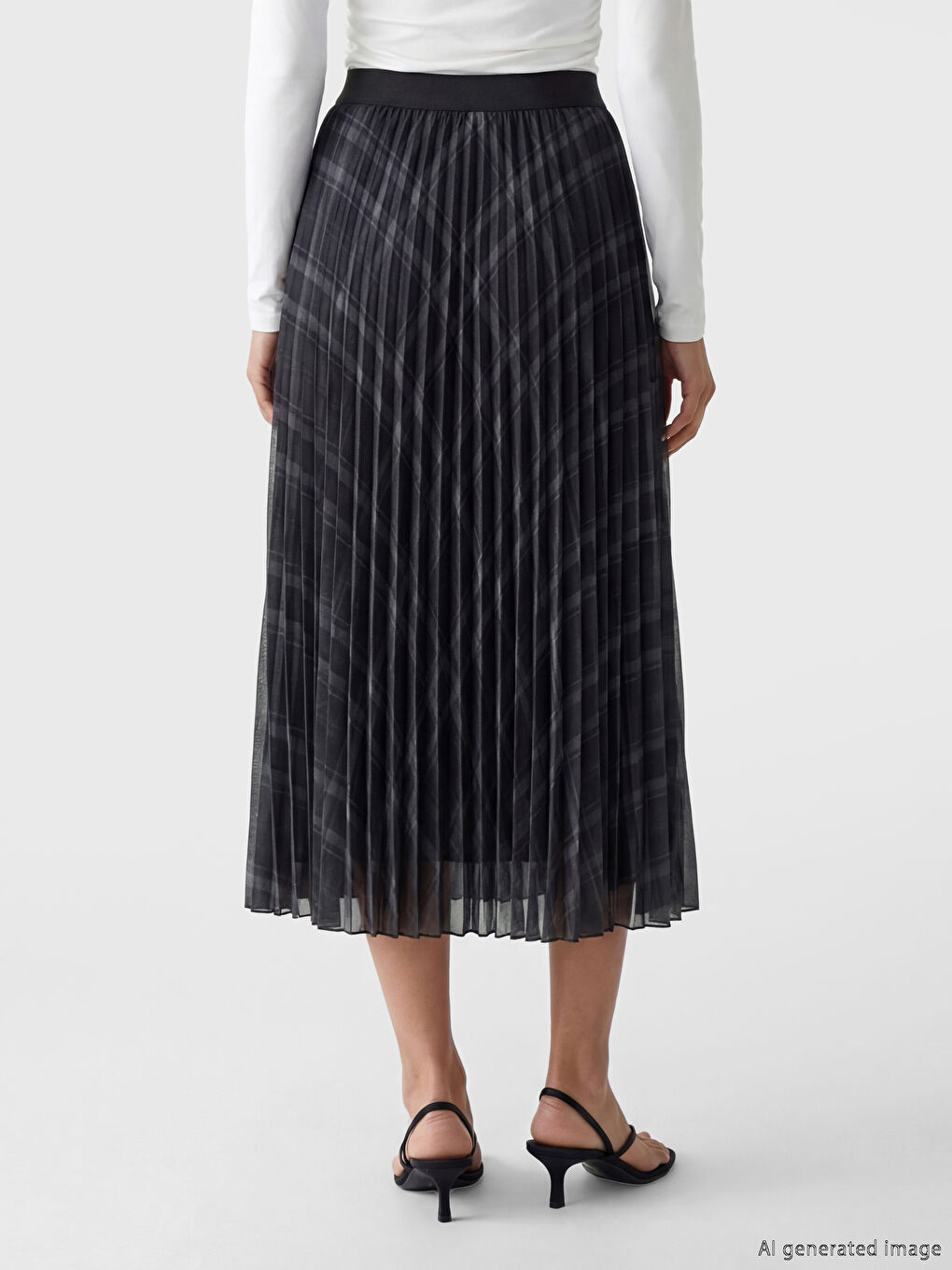 Lacivert Beli Lastikli Ekose Pileli Etek-2