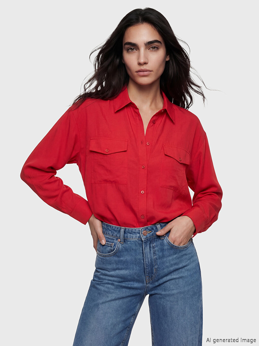 Kırmızı Modal Karışımlı Oversize Kadın Gömlek