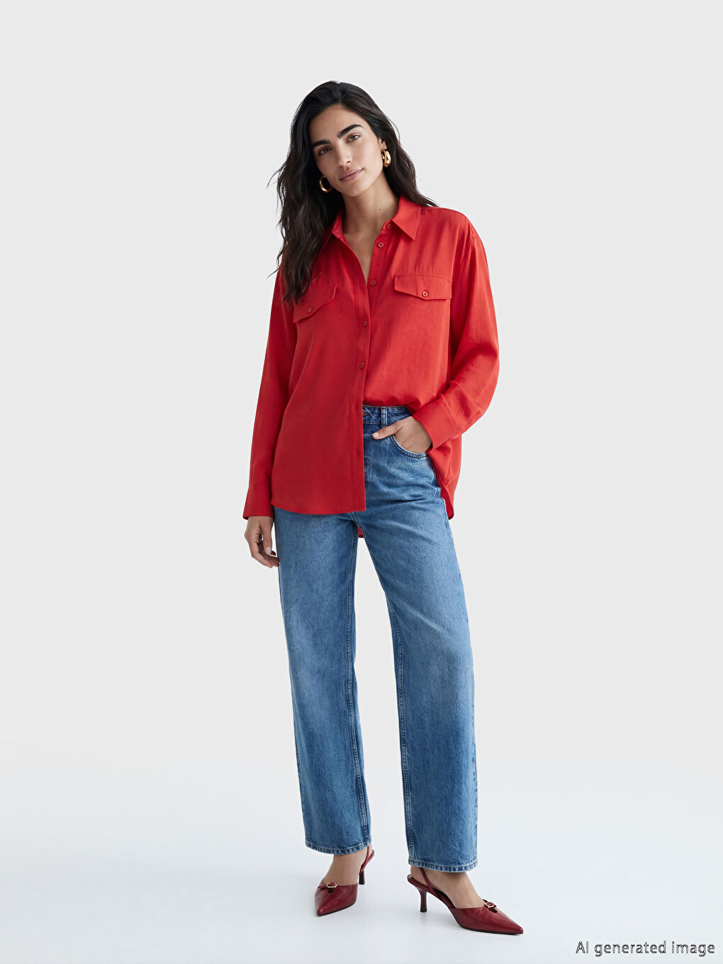 Kırmızı Modal Karışımlı Oversize Kadın Gömlek-1