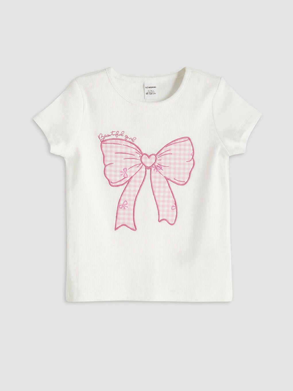 Beyaz Fiyonk Nakışlı Kız Çocuk Fitilli Tişört