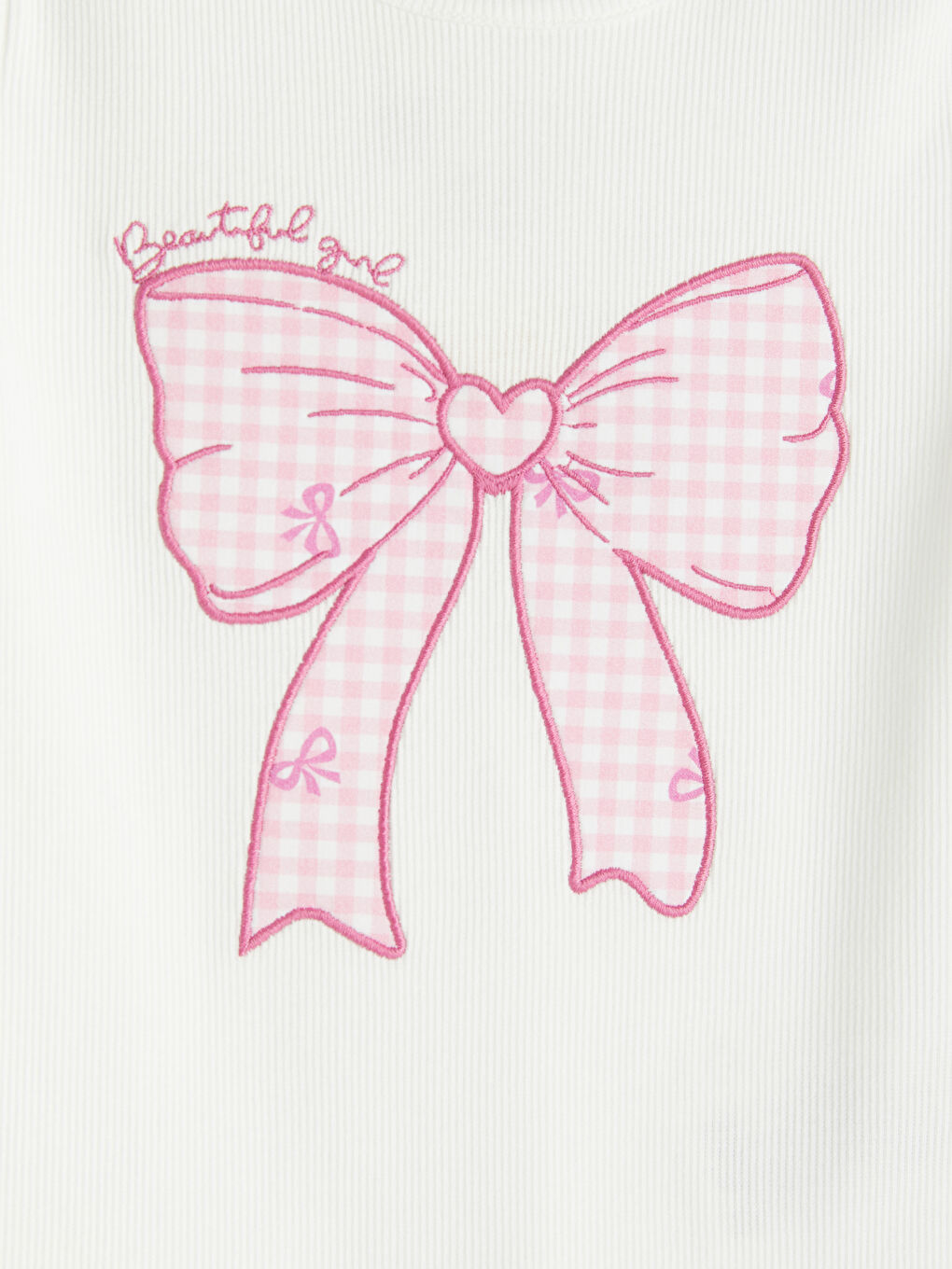 Beyaz Fiyonk Nakışlı Kız Çocuk Fitilli Tişört-2