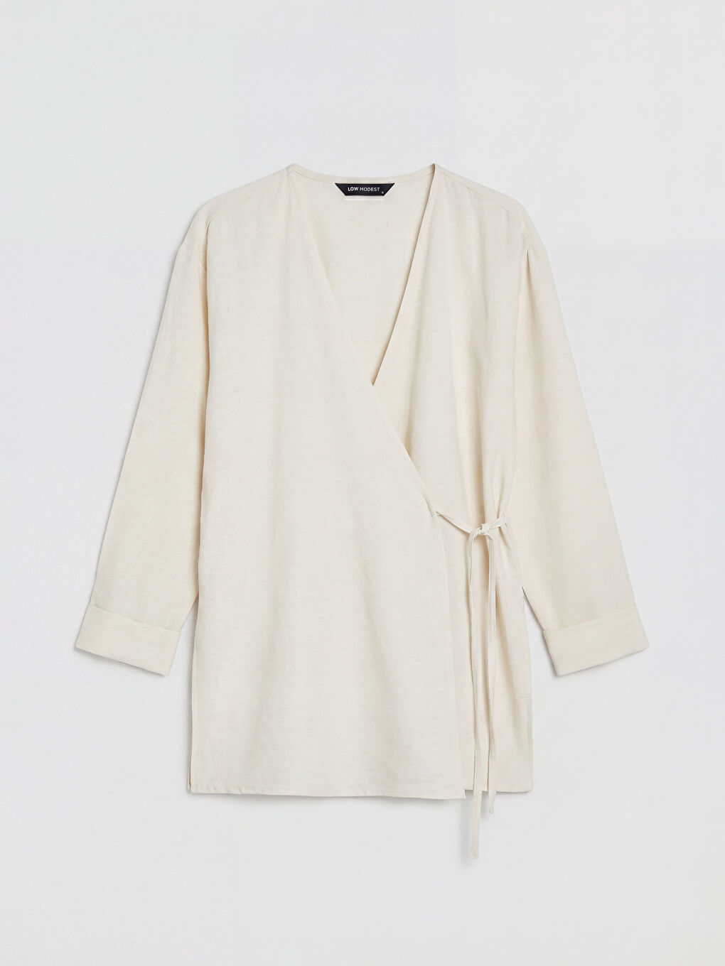 Bej Kruvaze Yaka Keten Karışımlı Kadın Kimono