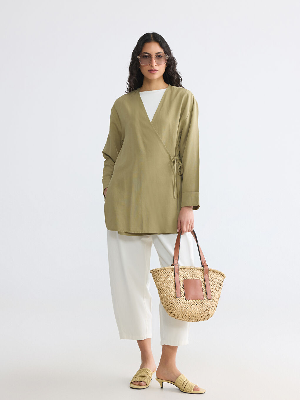 Double Breasted Collar Linen Blend Women's Kimono-1