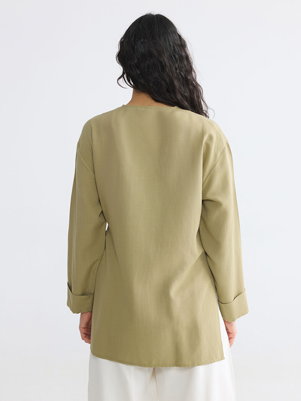 Double Breasted Collar Linen Blend Women's Kimono-3