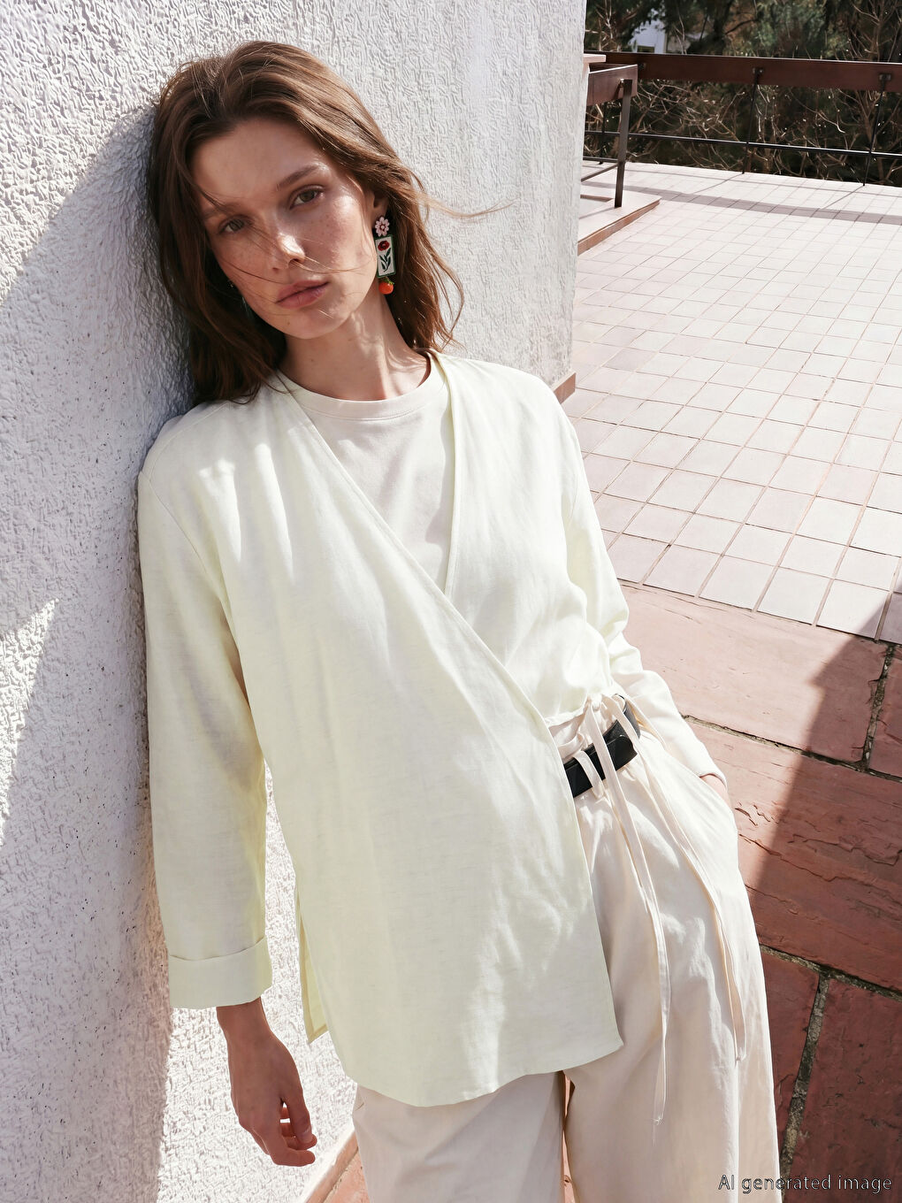 Double Breasted Collar Linen Blend Women's Kimono