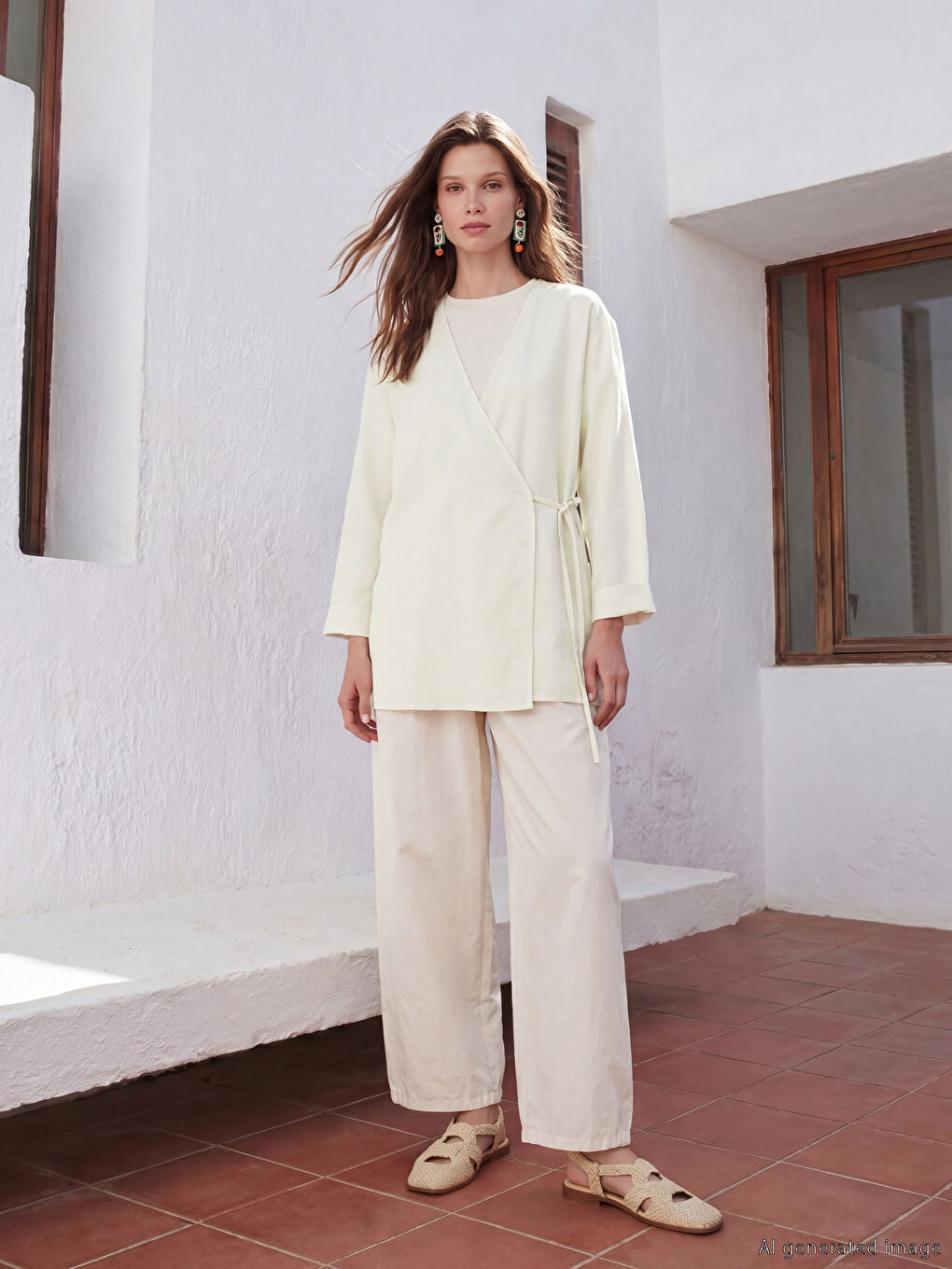 Double Breasted Collar Linen Blend Women's Kimono-1