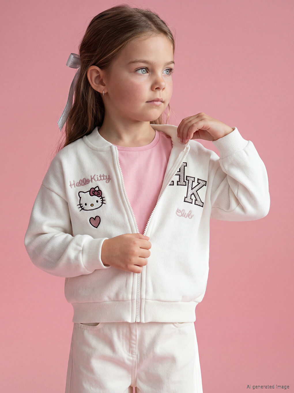 Bej Hello Kitty Baskılı Kız Çocuk Hırka
