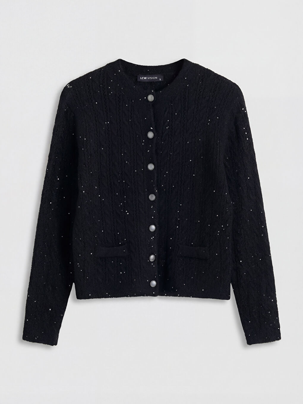 Siyah Bisiklet Yaka Payet İşlemeli Kadın Triko Hırka