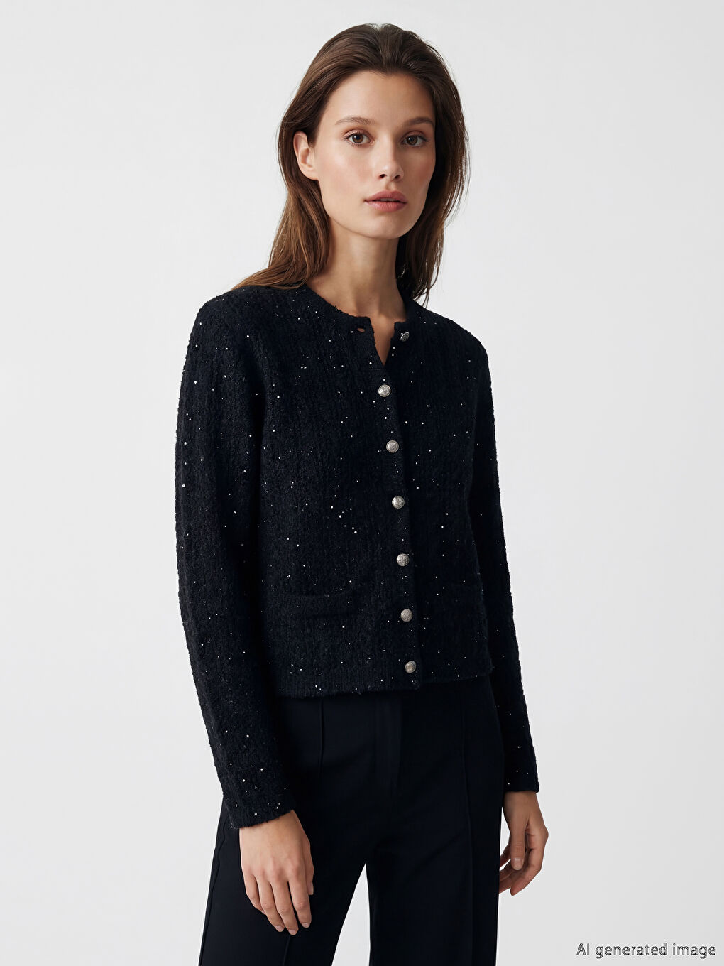 Siyah Bisiklet Yaka Payet İşlemeli Kadın Triko Hırka