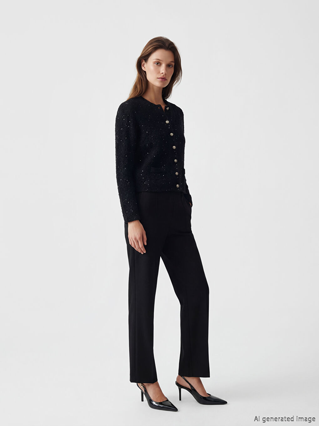 Siyah Bisiklet Yaka Payet İşlemeli Kadın Triko Hırka-1