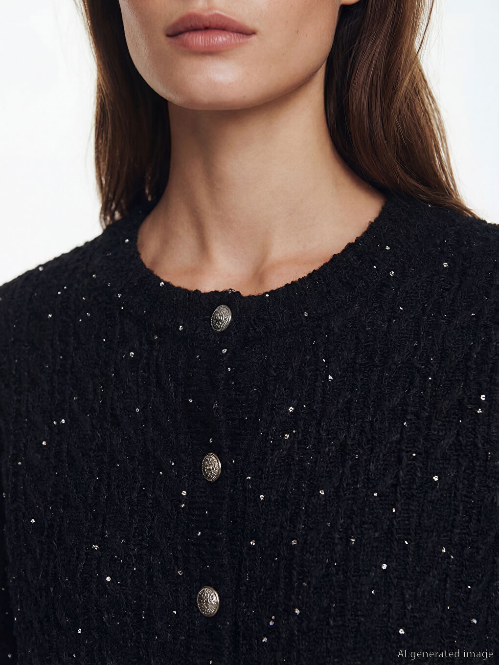 Siyah Bisiklet Yaka Payet İşlemeli Kadın Triko Hırka-2