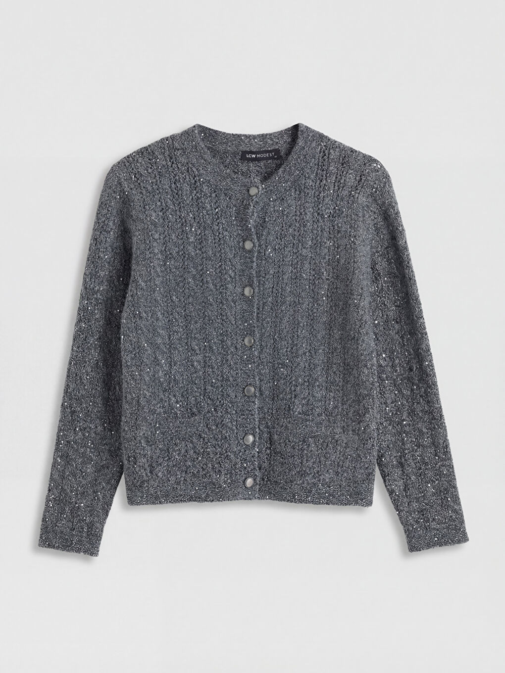 Gri Bisiklet Yaka Payet İşlemeli Kadın Triko Hırka