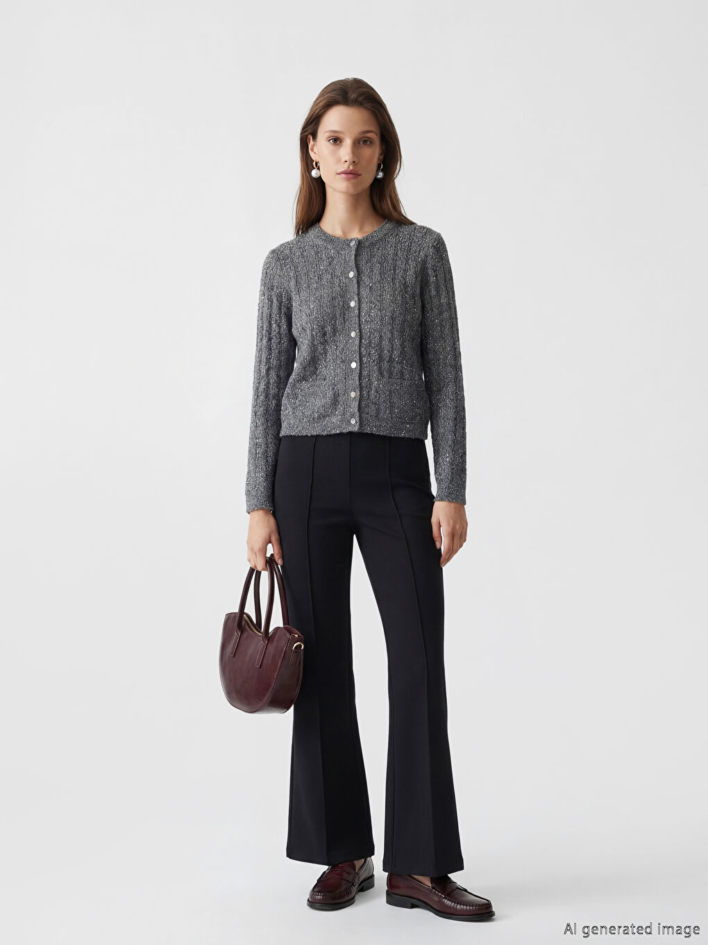 Gri Bisiklet Yaka Payet İşlemeli Kadın Triko Hırka-1