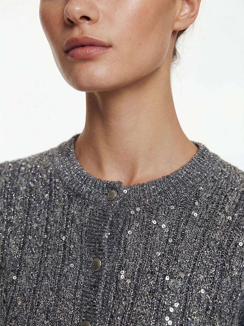 Gri Bisiklet Yaka Payet İşlemeli Kadın Triko Hırka-2