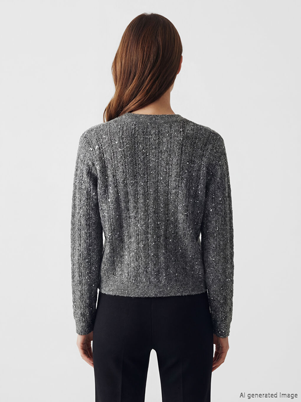 Gri Bisiklet Yaka Payet İşlemeli Kadın Triko Hırka-3