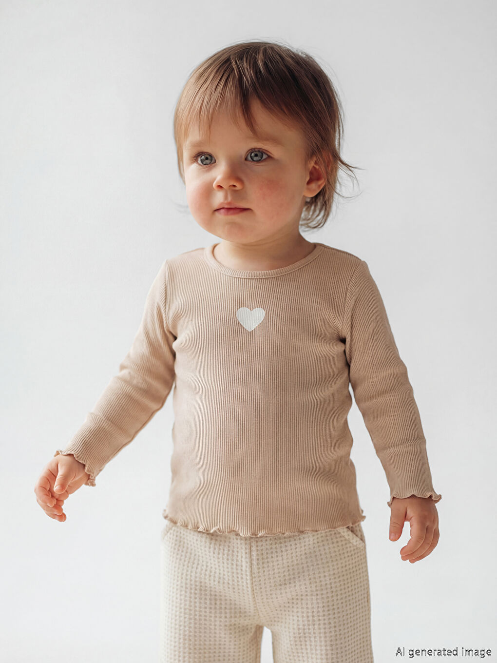 Bej Bisiklet Yaka Kalp Baskılı Kız Bebek Bluz-1