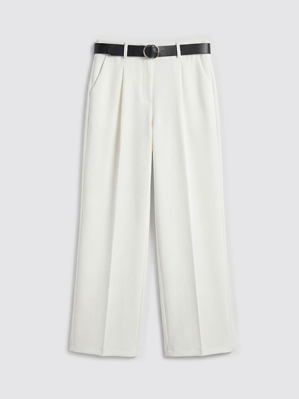 Ekru Beli Kemerli Kadın Pileli Kumaş Pantolon