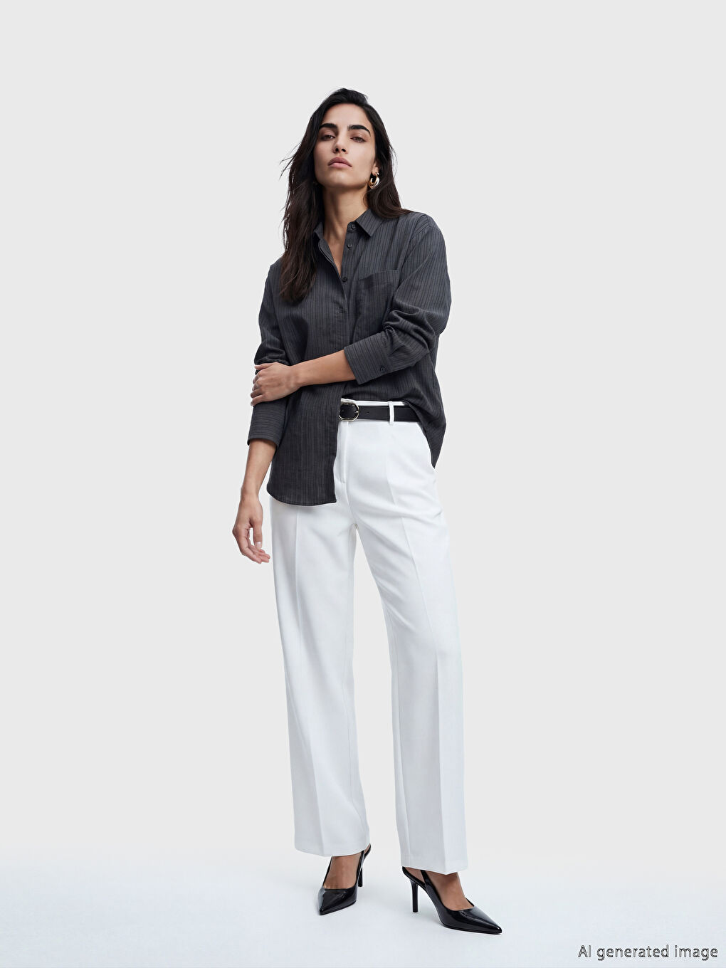 Women's Pleated Fabric Trousers with Belted Waist