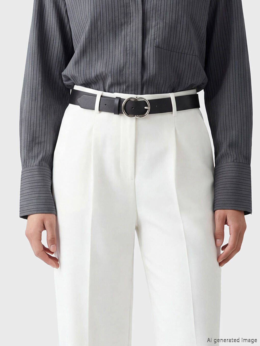 Women's Pleated Fabric Trousers with Belted Waist-2