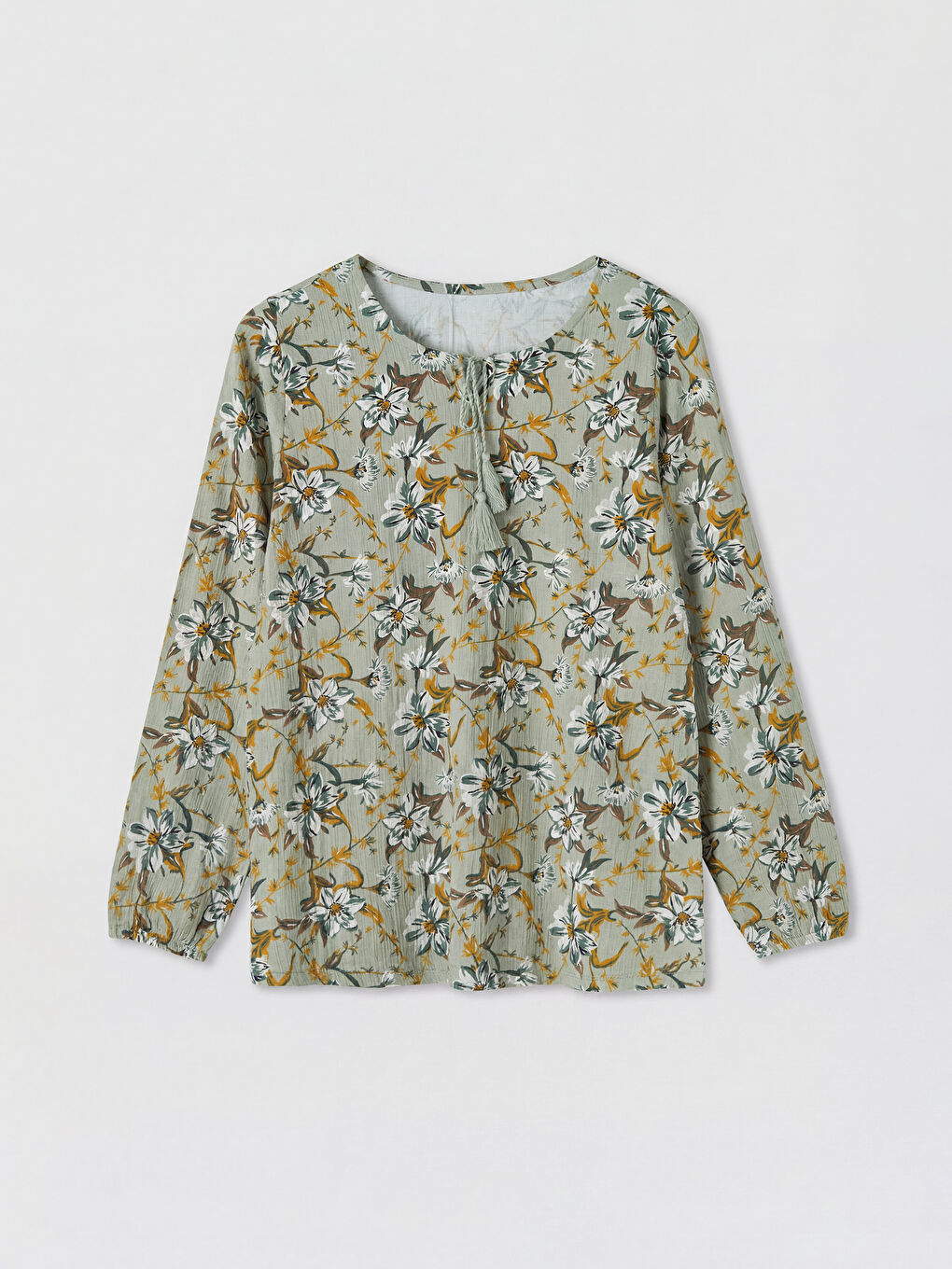 Yeşil Bağlamalı Yaka Çiçekli Bluz