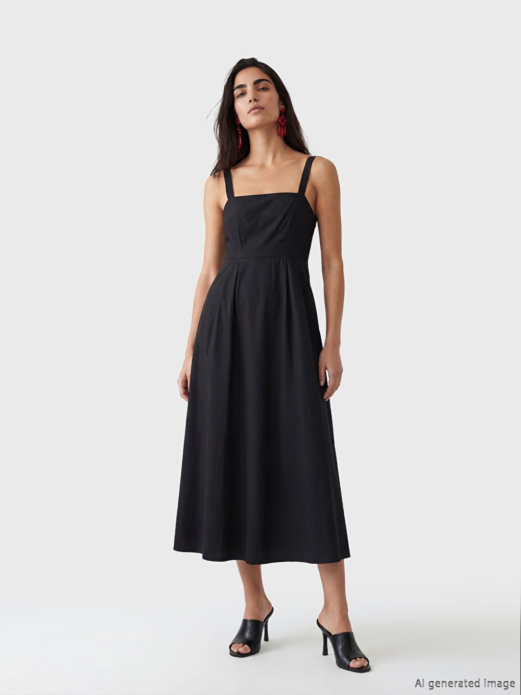 Siyah Kare Yaka Askılı Poplin Belden Oturtmalı Elbise