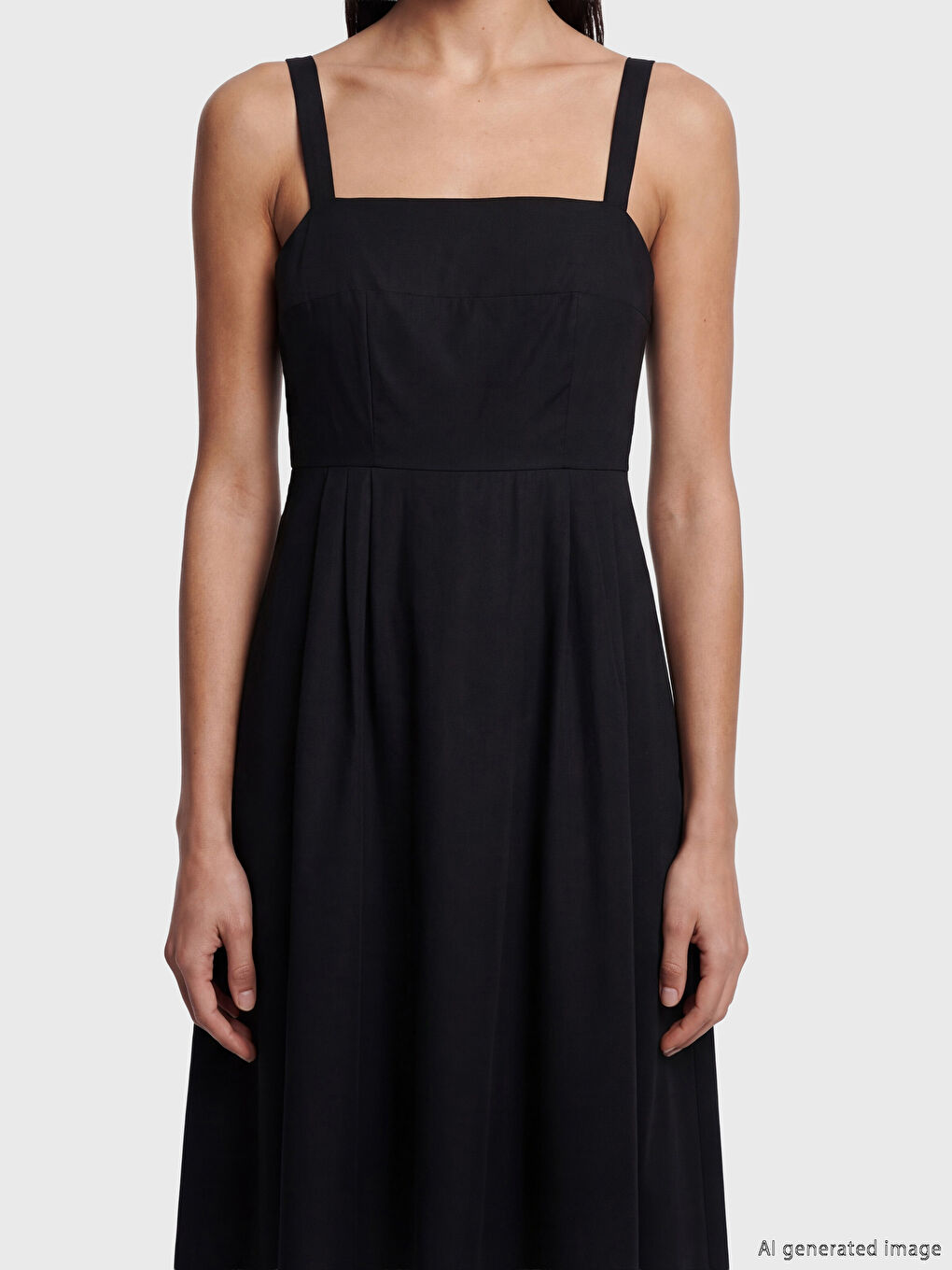 Siyah Kare Yaka Askılı Poplin Belden Oturtmalı Elbise-1