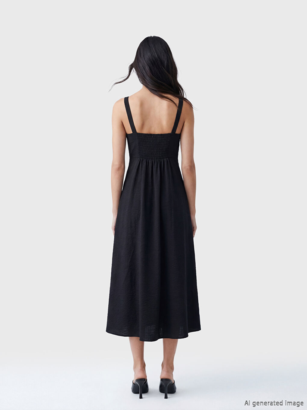 Siyah Kare Yaka Askılı Poplin Belden Oturtmalı Elbise-3