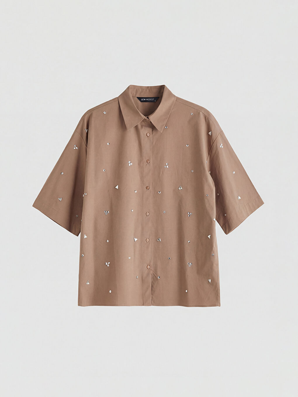 Kahverengi Taş İşlemeli Kadın Gömlek